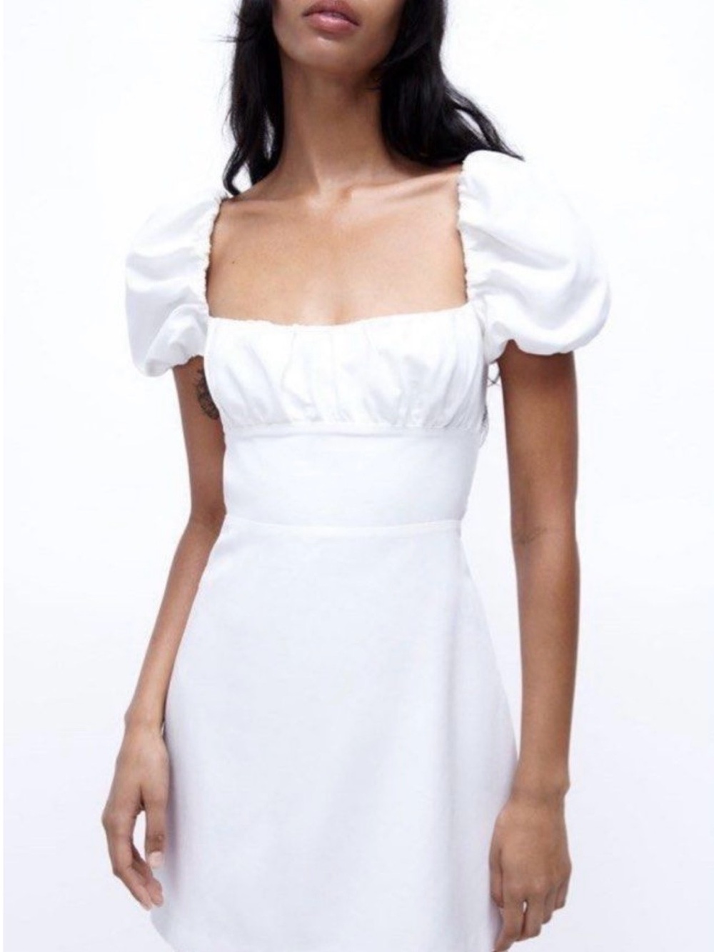 Zara White Backless Puff-Sleeve Square-Neck Mini Dress